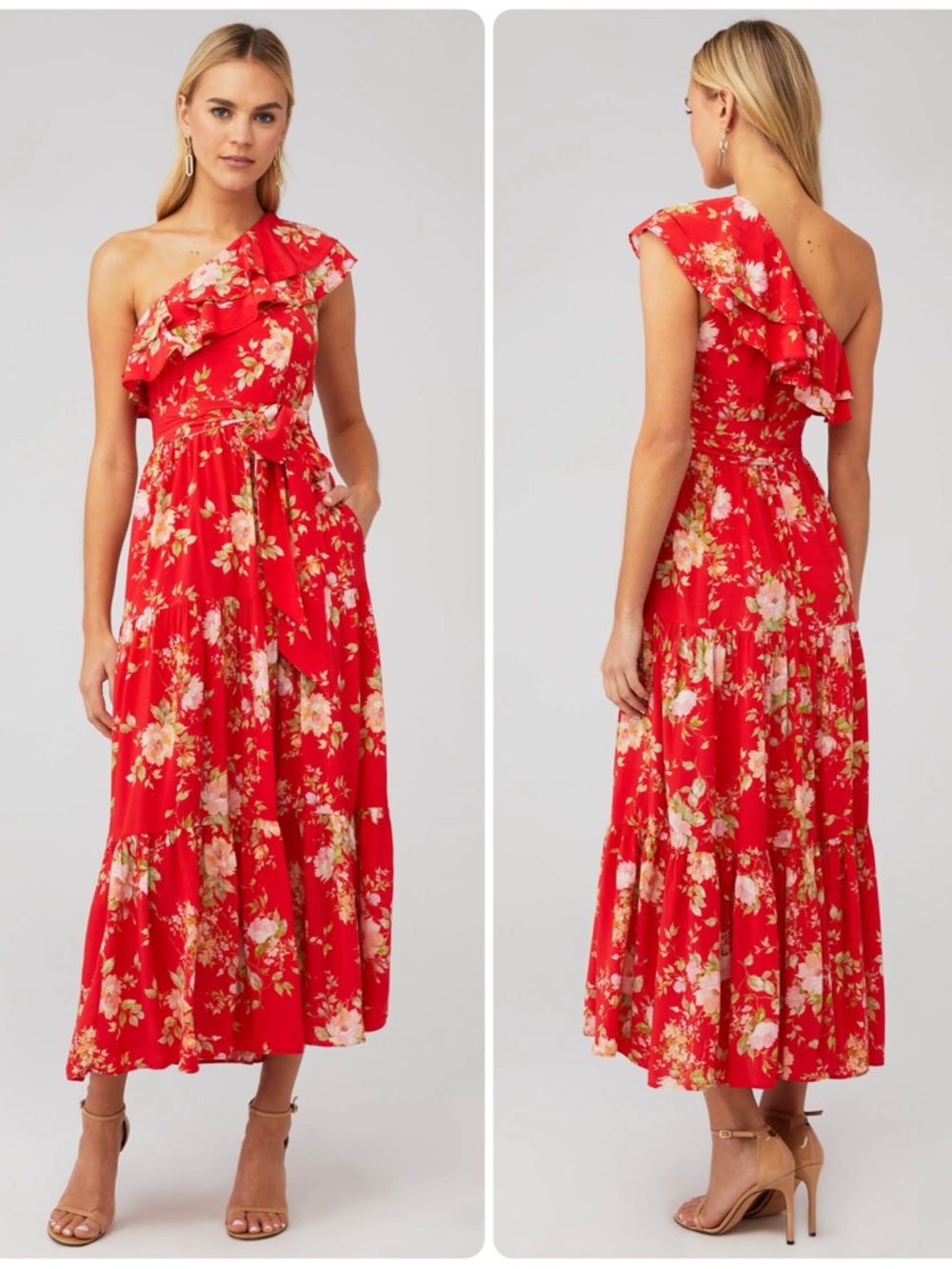 YUMI KIM Revolve Malia Rayon/Viscose Red Floral Ruffle Tie-Waist Maxi Dress $248